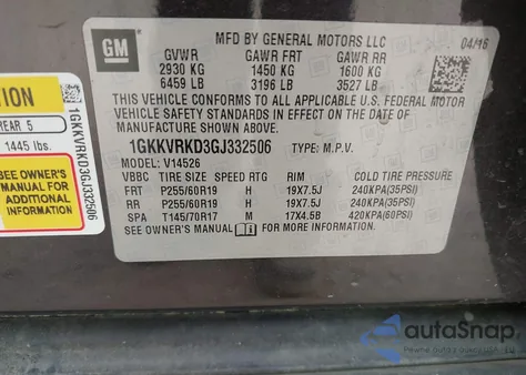 2016 GMC Acadia Slt-1 from USA, damaged, VIN 1GKKVRKD3GJ332506